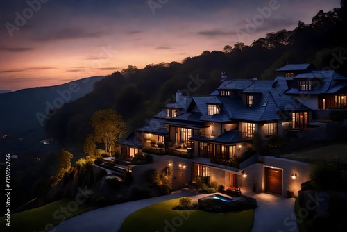Twilight hour at a townhouse on top of a majestically beautiful hill, where ambient outdoor lighting creates a cozy and inviting aura against the vast night sky © Sajida