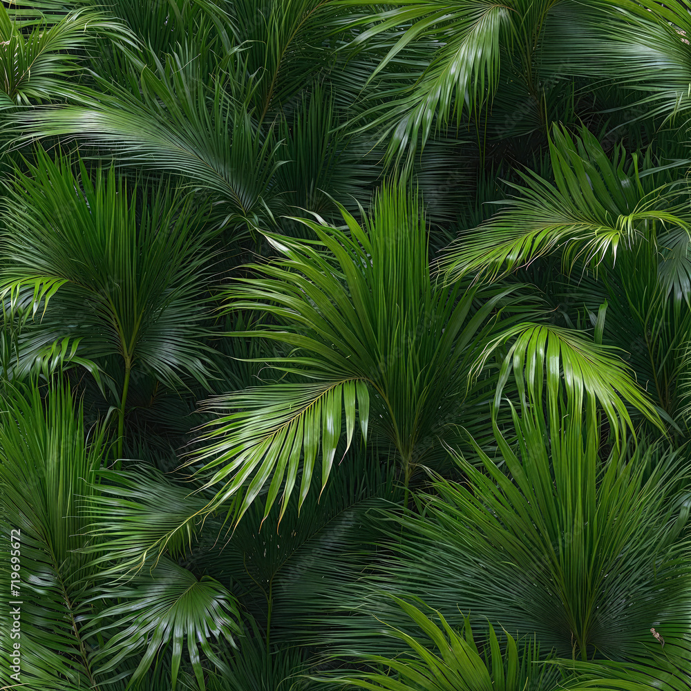 Fototapeta premium Realistic palm tree leaves background. Exotic wallpaper design. Generative ai