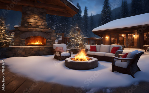 Outdoor fireplace Fire Pit in a snowy setting on a restaurant terrace in the mountains in a ski resort