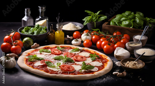 Une pizza non cuite garnie de tomates, de mozzarella et de basilic, entourée d'ingrédients frais et d'assaisonnements sur une table de cuisine.