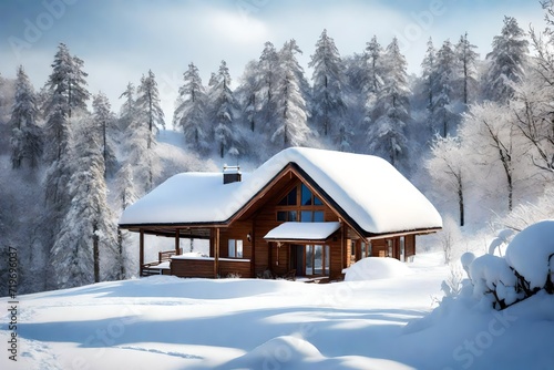 Winter’s touch on a bungalow on top of a majestically beautiful hill, where a soft blanket of snow enhances the property's charm and seclusion
