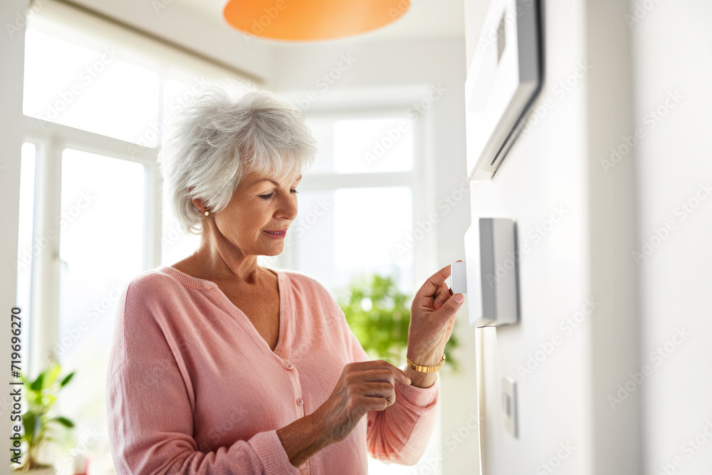 Elderly woman in a pink cardigan attentively setting a digital thermostat in her sunlit modern home. Concept of smart home technology for everyday comfort living and domestic life Elderly woman in a pink cardigan attentively setting a digital thermostat in her sunlit modern home. Concept of smart home technology for everyday comfort living and domestic life