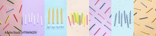 Collage of birthday candles on color background  top view