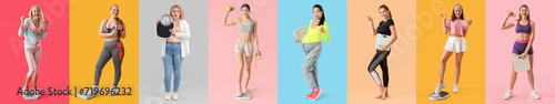 Set of women with weight scales on color background. Diet concept photo
