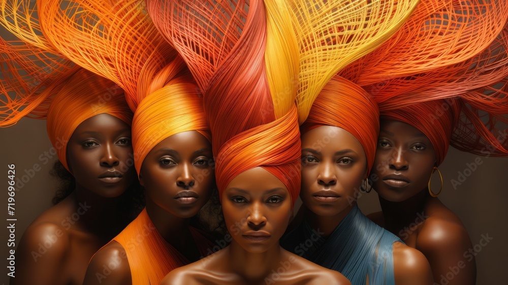 A group of women of African or African-American appearance in colorful clothes together A group of women of African or African-American appearance in colorful clothes together
