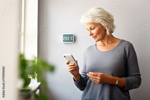 Elderly lady uses smartphone app to control smart thermostat, ensuring home comfort and energy efficiency. Concept of wireless synchronization of thermostat with mobile devices photo