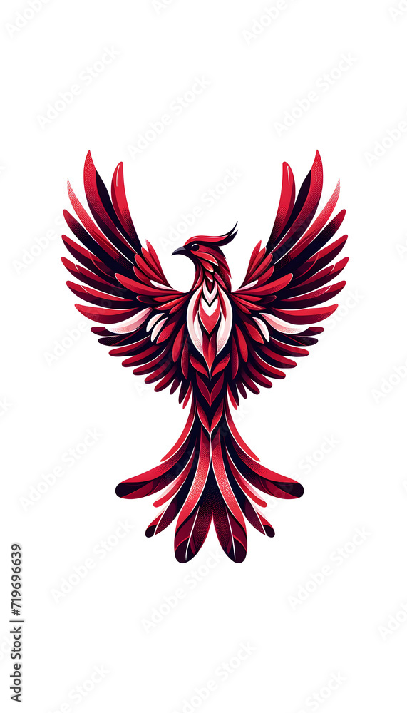 Obraz premium Majestic Flight of Rebirth: Stylized Phoenix Illustration with Vibrant Reds and Contrasting Whites, Symmetrical Design Flight Symbolizing Renewal & Transformation - Concept of Resurgence and Grace