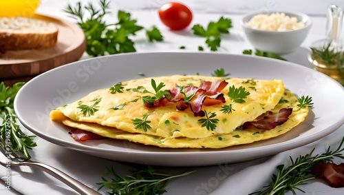 Egg omelette with fried bacon and rosemary on a white plate on the dining room table