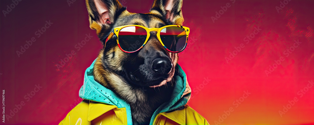Cool dog wearing funny suit on rainbow colors background Cool dog wearing funny suit on rainbow colors background