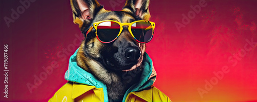 Cool dog wearing funny suit on rainbow colors background © amazingfotommm