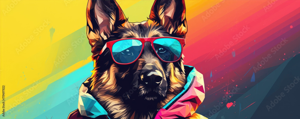 Cool dog wearing funny suit on rainbow colors background