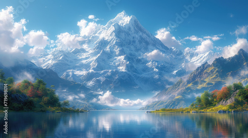 a mountain Everest lake is covered with snow with mountains around it Generative AI