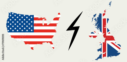 USA vs UK. Flag of United States of America and United Kingdom