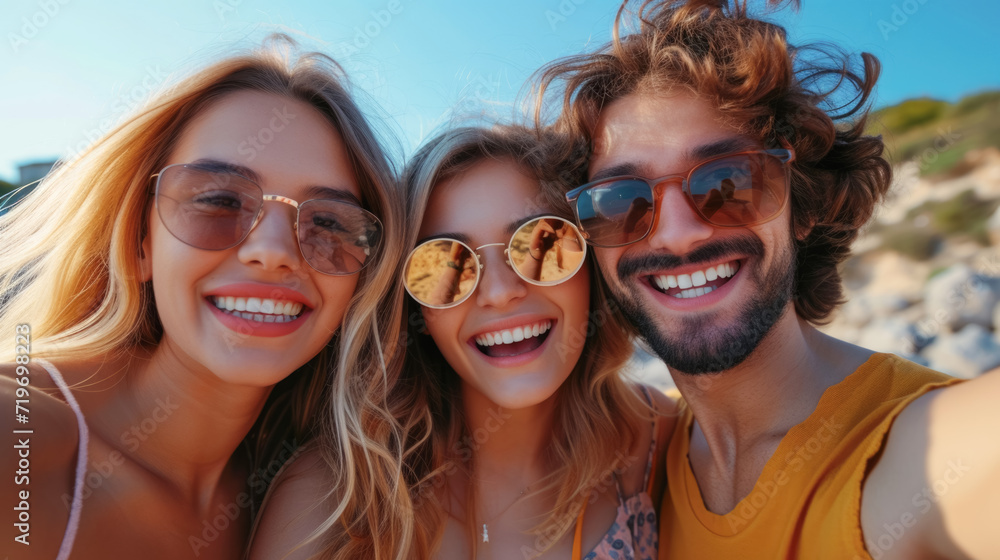 happy teenagers selfie together at sea beach on their summer trip.