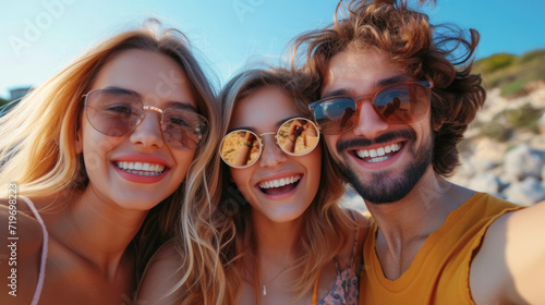 happy teenagers selfie together at sea beach on their summer trip.