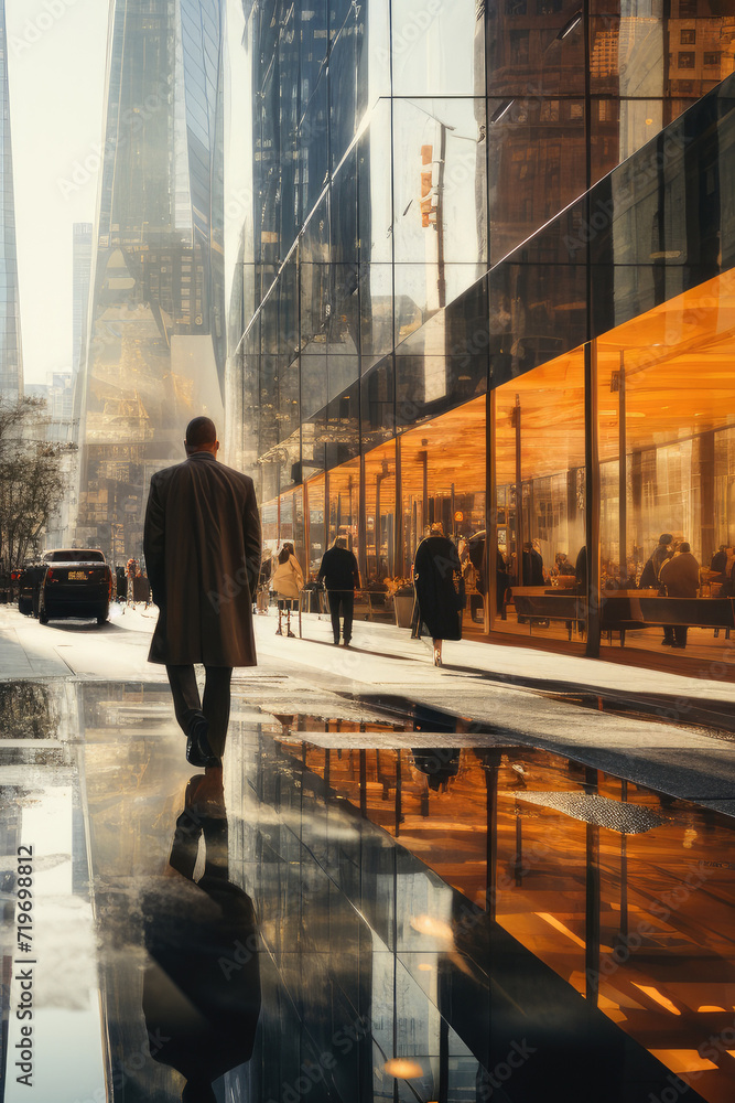 A solitary figure braves the rain, his reflection blending with the towering glass skyscraper as he navigates the winter city streets in sturdy footwear A solitary figure braves the rain, his reflection blending with the towering glass skyscraper as he navigates the winter city streets in sturdy footwear