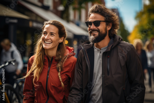 A couple's joyous smiles light up the streets as they confidently pedal through the city, their stylish jackets and street fashion adding to the vibrant energy of their bicycle ride