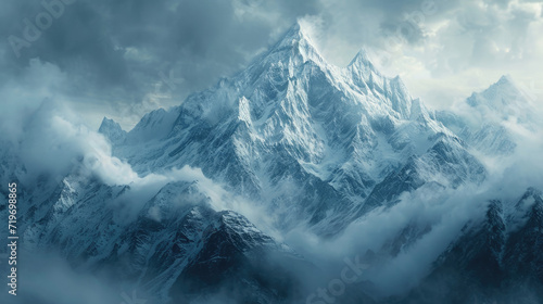 a mountain Everest lake is covered with snow with mountains around it Generative AI photo