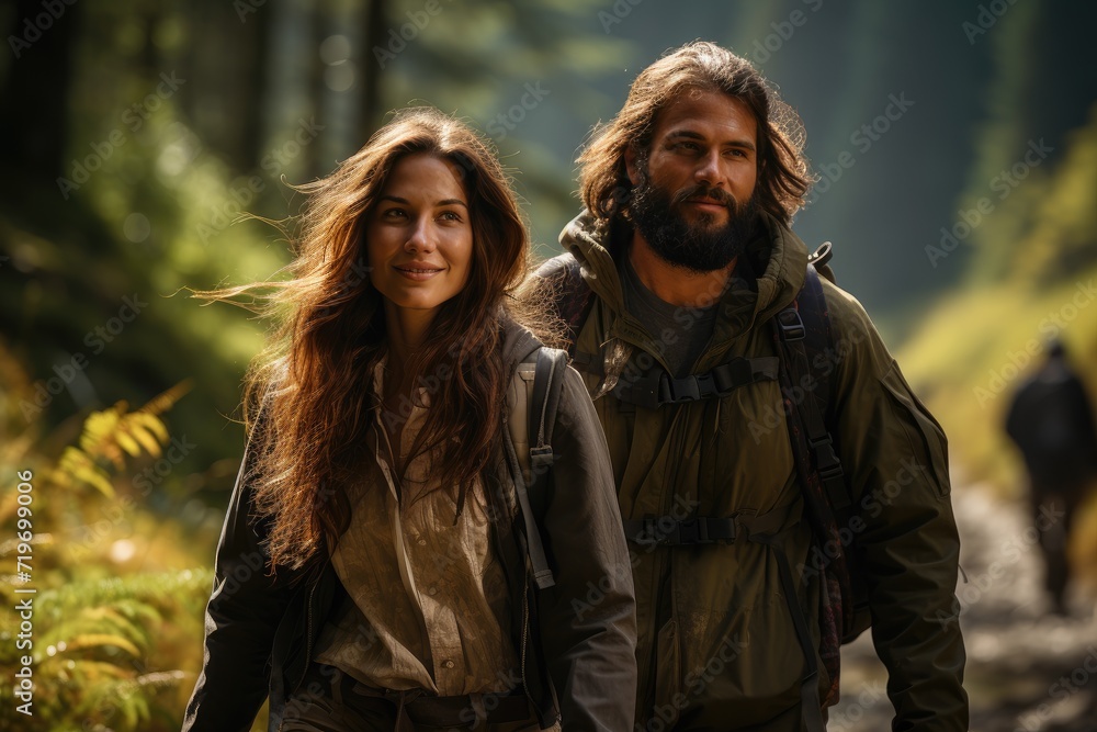 A smiling man and woman stand in the midst of nature, their jackets and hiking gear blending seamlessly with the outdoor surroundings, creating a harmonious and adventurous atmosphere A smiling man and woman stand in the midst of nature, their jackets and hiking gear blending seamlessly with the outdoor surroundings, creating a harmonious and adventurous atmosphere