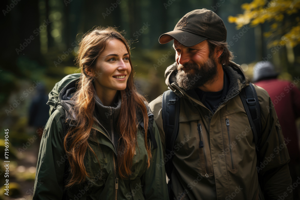 A rugged man and a stylish woman, dressed in warm jackets, share a smile while standing amidst the colorful foliage of fall in the woods