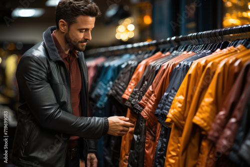 A fashion-conscious man stands on the bustling street, eyeing the array of jackets on display at a trendy store, his face contorted in contemplation as he imagines the perfect addition to his wardrob photo