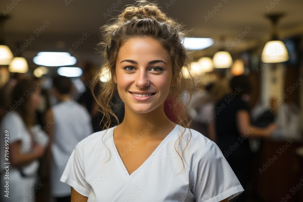 A beaming woman, radiating joy and confidence, stands against a plain white wall, her fashionable attire and captivating smile capturing the essence of feminine beauty