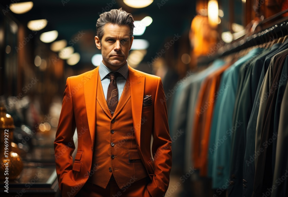 Fototapeta premium A dapper businessman confidently stands outside a fashionable store, dressed in a sleek suit and coat, his human face exuding sophistication and style
