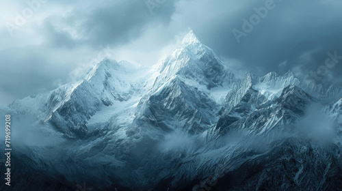 a mountain Everest lake is covered with snow with mountains around it Generative AI