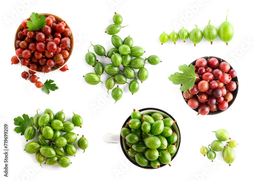 Collage of fresh gooseberries on white background, top view
