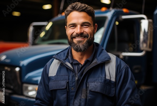 A rugged man stands confidently in front of his truck, his beard and smile conveying a sense of adventure and freedom as he prepares to hit the open road © LifeMedia