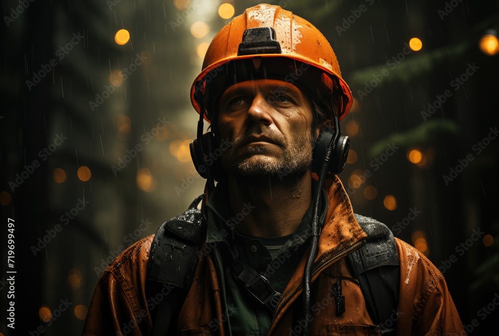 A rugged firefighter in his protective gear, ready to brave the elements and save lives with determination and focus A rugged firefighter in his protective gear, ready to brave the elements and save lives with determination and focus