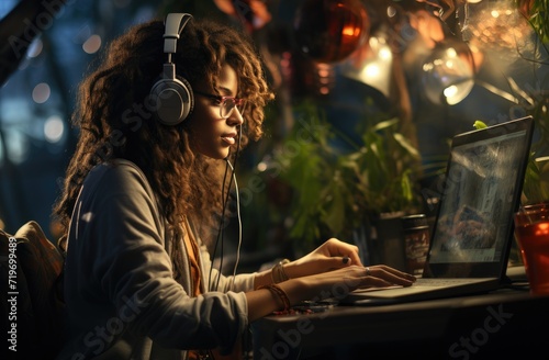 A stylish woman finds solace in her music, tuning out the world as she works on her laptop, surrounded by the contrast of indoor and outdoor environments captured in a screenshot