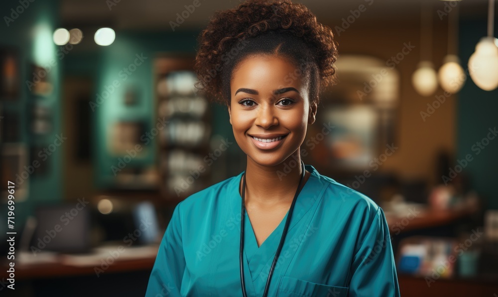 A young woman stands confidently in her scrubs, her bright smile and warm gaze reflecting her passion for caring for others as she poses against a simple indoor wall A young woman stands confidently in her scrubs, her bright smile and warm gaze reflecting her passion for caring for others as she poses against a simple indoor wall