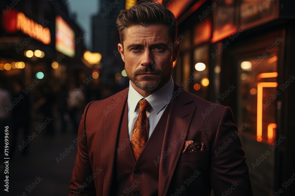 A sharply dressed gentleman stands confidently in front of a towering city building, his dark suit and dress shirt exuding professionalism and sophistication A sharply dressed gentleman stands confidently in front of a towering city building, his dark suit and dress shirt exuding professionalism and sophistication