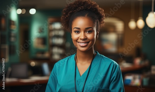 A young woman stands confidently in her scrubs, her bright smile and warm gaze reflecting her passion for caring for others as she poses against a simple indoor wall