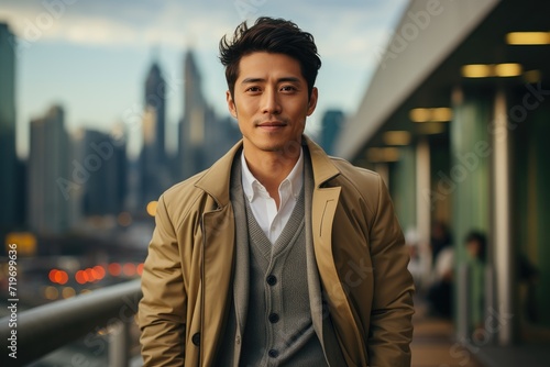 A stylish man stands confidently in front of a towering skyscraper, his smile as bright as the blue sky above, wearing a fashionable coat and streetwear, exuding confidence and city chic photo