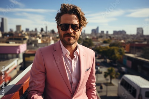 A stylish man confidently struts down the busy city street, his pink suit and sunglasses standing out against the towering skyscrapers and cloudy sky, exuding a sense of sophistication and wanderlust © LifeMedia