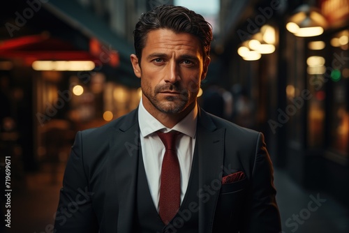 A sharply dressed gentleman exudes confidence and professionalism as he stands tall in his suit and tie on the bustling city street, a symbol of success and sophistication