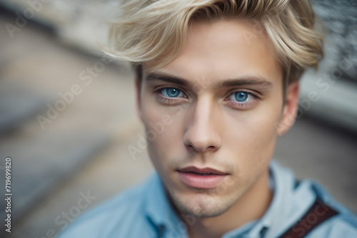 Blonde Haired, Blue-Eyed Man, Simple, Clear Image. Generative AI.