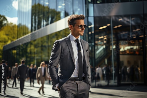 A sharply dressed businessman struts confidently down the city sidewalk, his tailored suit and stylish sunglasses exuding a sense of power and sophistication