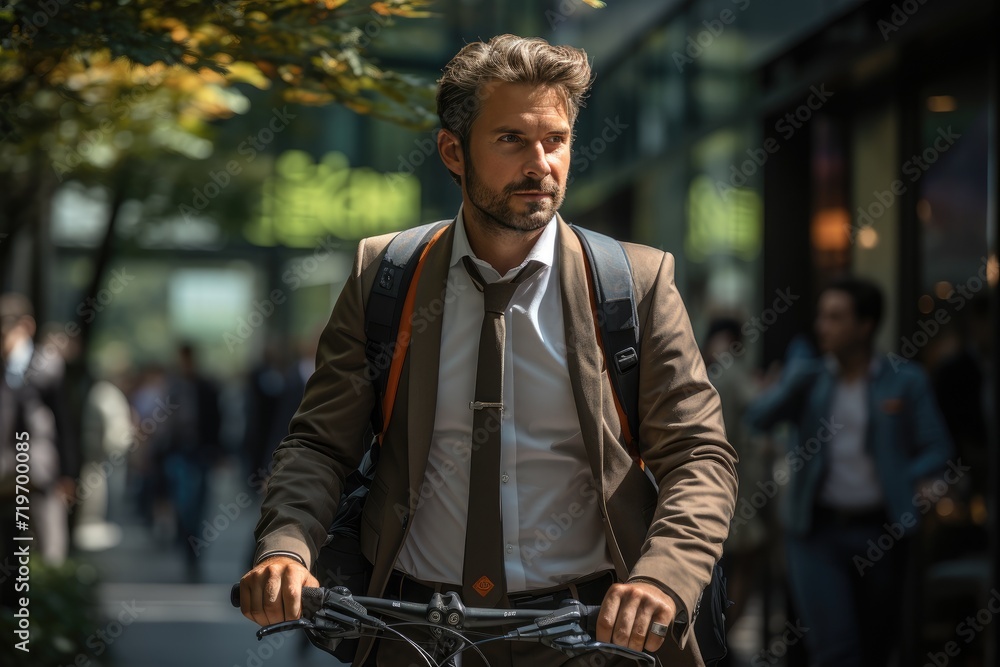 A dapper gentleman confidently pedals through the city streets on his sleek bicycle, sporting a sharp suit and tie as he embraces the freedom and simplicity of outdoor transportation