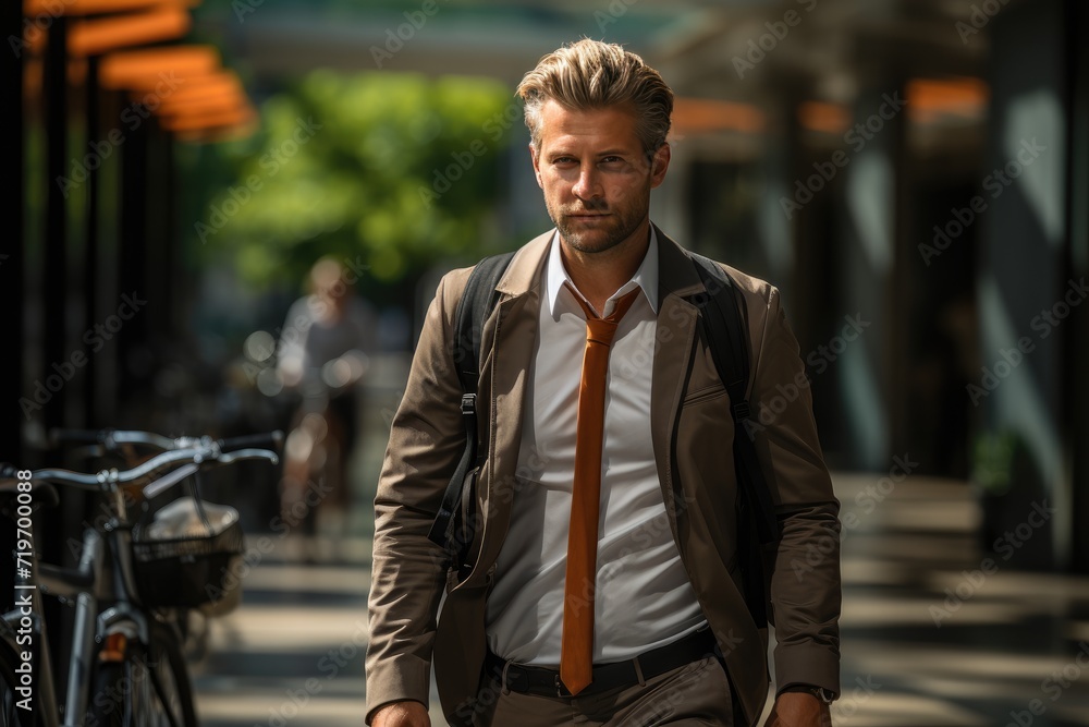 A sharply dressed man confidently strides down the bustling street, his suit and tie a perfect match for the sleek bicycle he effortlessly maneuvers through the crowd A sharply dressed man confidently strides down the bustling street, his suit and tie a perfect match for the sleek bicycle he effortlessly maneuvers through the crowd