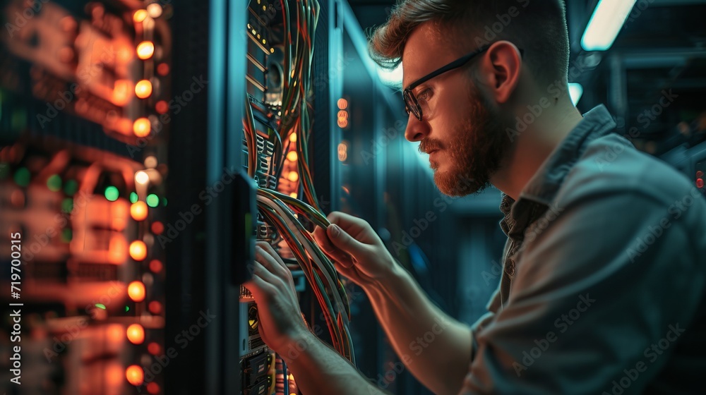 Fototapeta premium Side view portrait of young man wearing glasses connecting cables in server cabinet while working with supercomputer in data center 