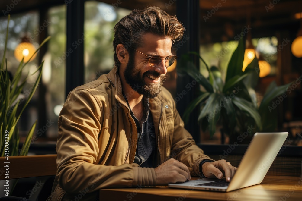 A man dressed in casual clothing sits indoors at a table, his face illuminated by the glow of his laptop screen as he works and a potted plant sits nearby A man dressed in casual clothing sits indoors at a table, his face illuminated by the glow of his laptop screen as he works and a potted plant sits nearby