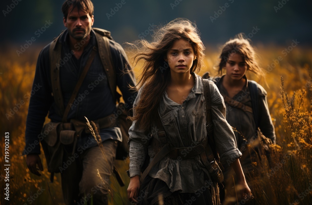 Fototapeta premium A group of hikers, dressed in autumn jackets, stand amidst the tall grass and vibrant plants, taking in the beauty of nature as they make their way through the open field