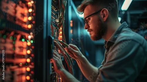 Side view portrait of young man wearing glasses connecting cables in server cabinet while working with supercomputer in data center 