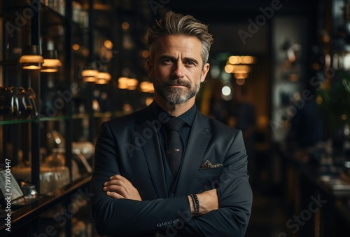 A dapper gentleman exudes confidence as he stands with his arms crossed, sporting a stylish suit and glasses while enjoying a drink at the bar © LifeMedia