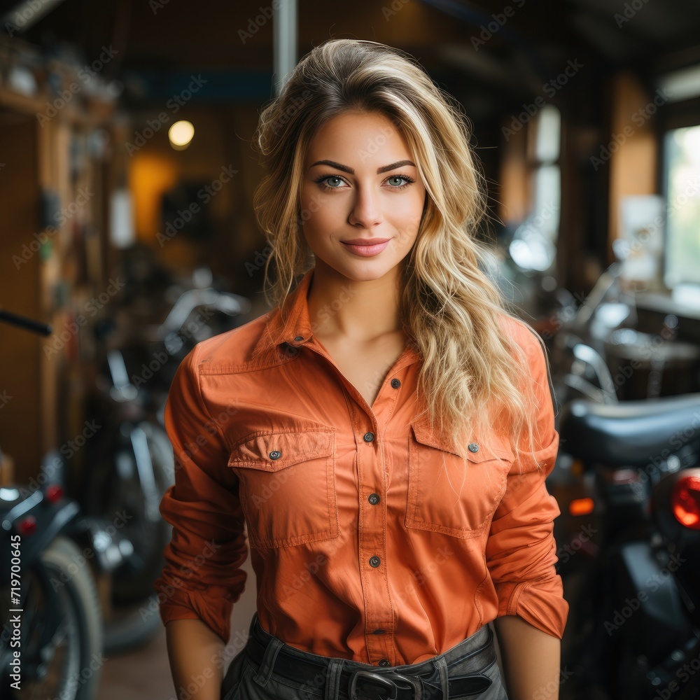 A stylish woman in an orange shirt stands confidently beside her motorcycle, the human face of a fierce rider, surrounded by the sleek lines of the land vehicle and the rugged beauty of the outdoor l
