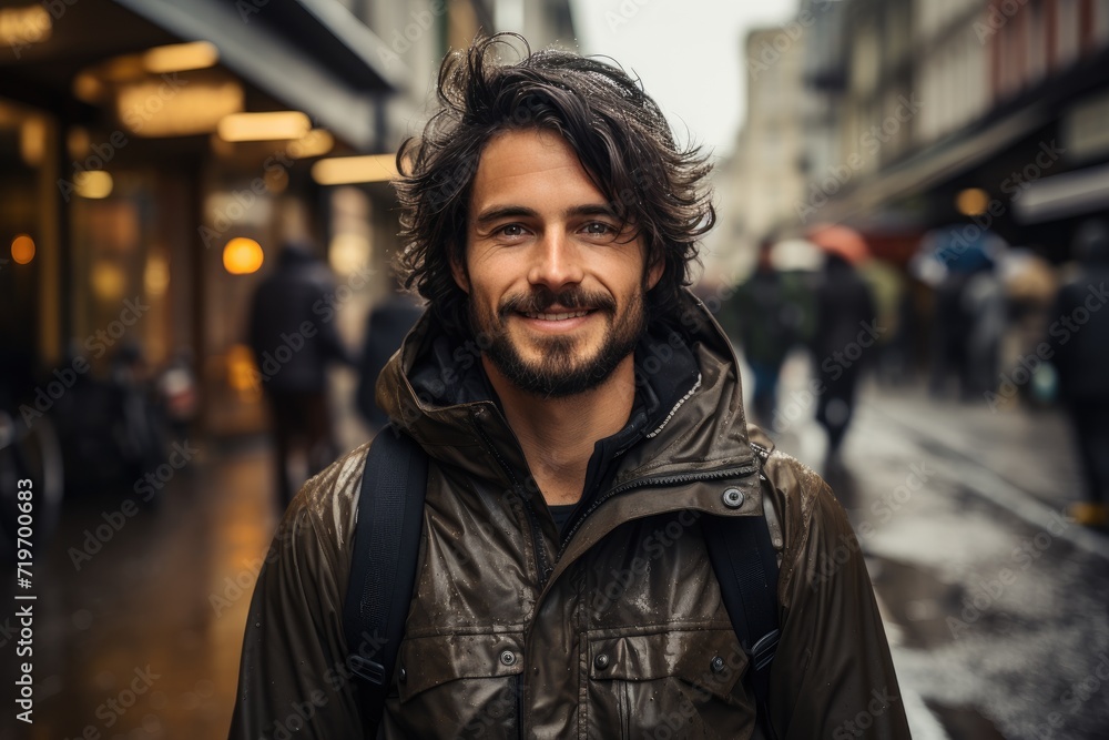 A fashionable man, with a confident smile and a well-worn leather jacket, stands tall in the rain on a bustling city street A fashionable man, with a confident smile and a well-worn leather jacket, stands tall in the rain on a bustling city street