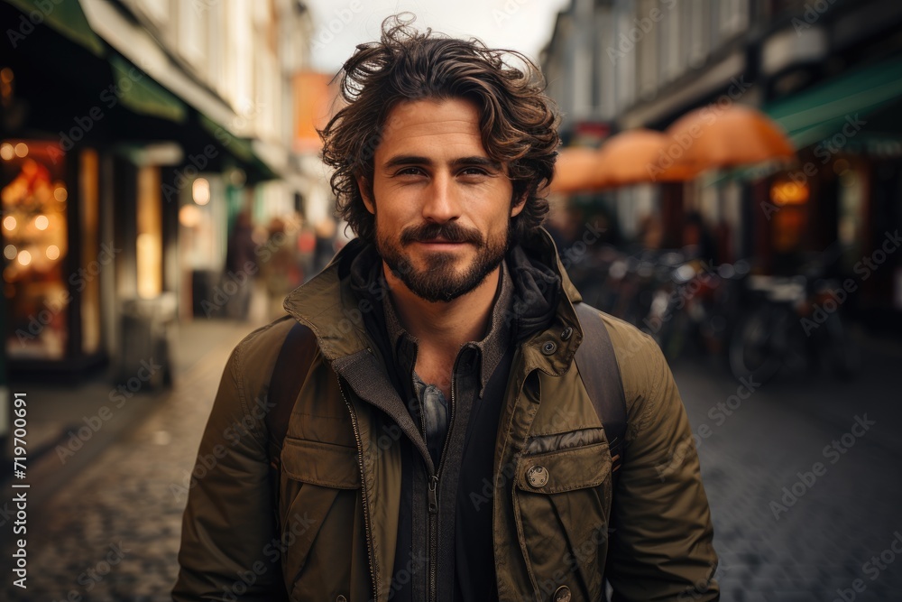 A stylish man sporting a rugged beard and mustache stands confidently on the city street, his jacket adding a touch of sophistication to his street fashion
